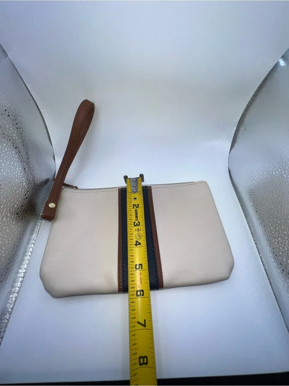 Stone & Co. Cream Wristlet with Navy Center Stripe and Brown Trim